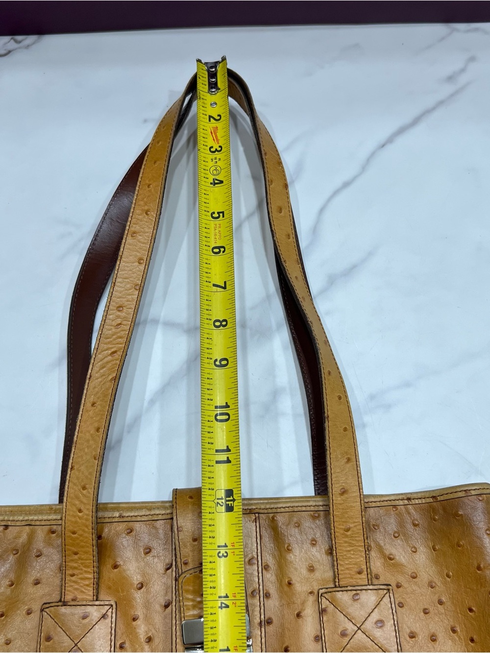 Vintage Dooney & Bourke Tan Ostrich Embossed Leather Bucket Bag Tote Made in USA - Picture 11 of 12